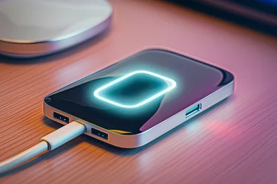 Portable Power Bank Charging On Wooden Desk