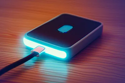 Portable Power Bank Charging on Wooden Surface