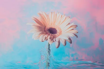 Gerbera Daisy Flower Emerging From Water Surface