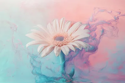 Gerbera Daisy Flower Surrounded By Swirling Pastel Ink