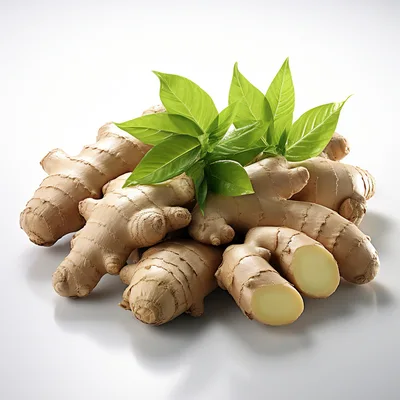 Fresh Ginger Root With Green Leaves