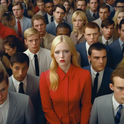 Young Woman in Red Standing Among Men in Suits