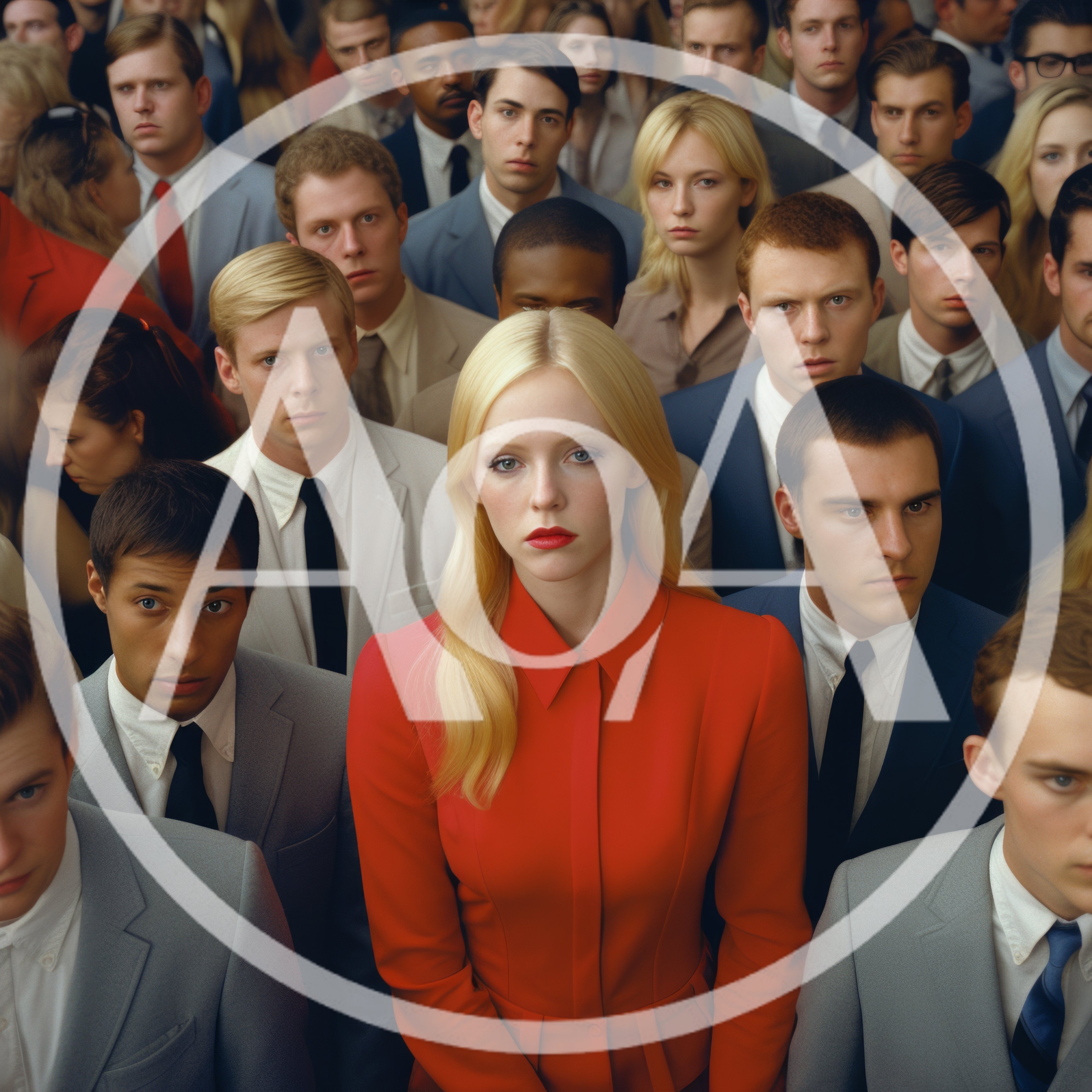 Young Woman in Red Standing Among Men in Suits