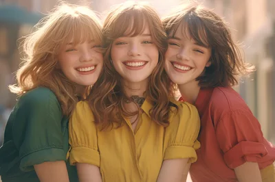 Three Young Women Smiling Together Outdoors