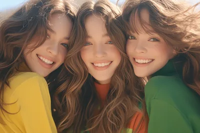 Three Young Women Smiling Together Outdoors