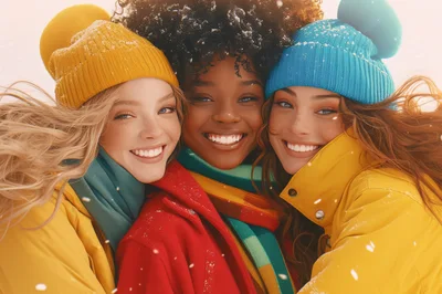 Three Diverse Women Smiling Together In Winter
