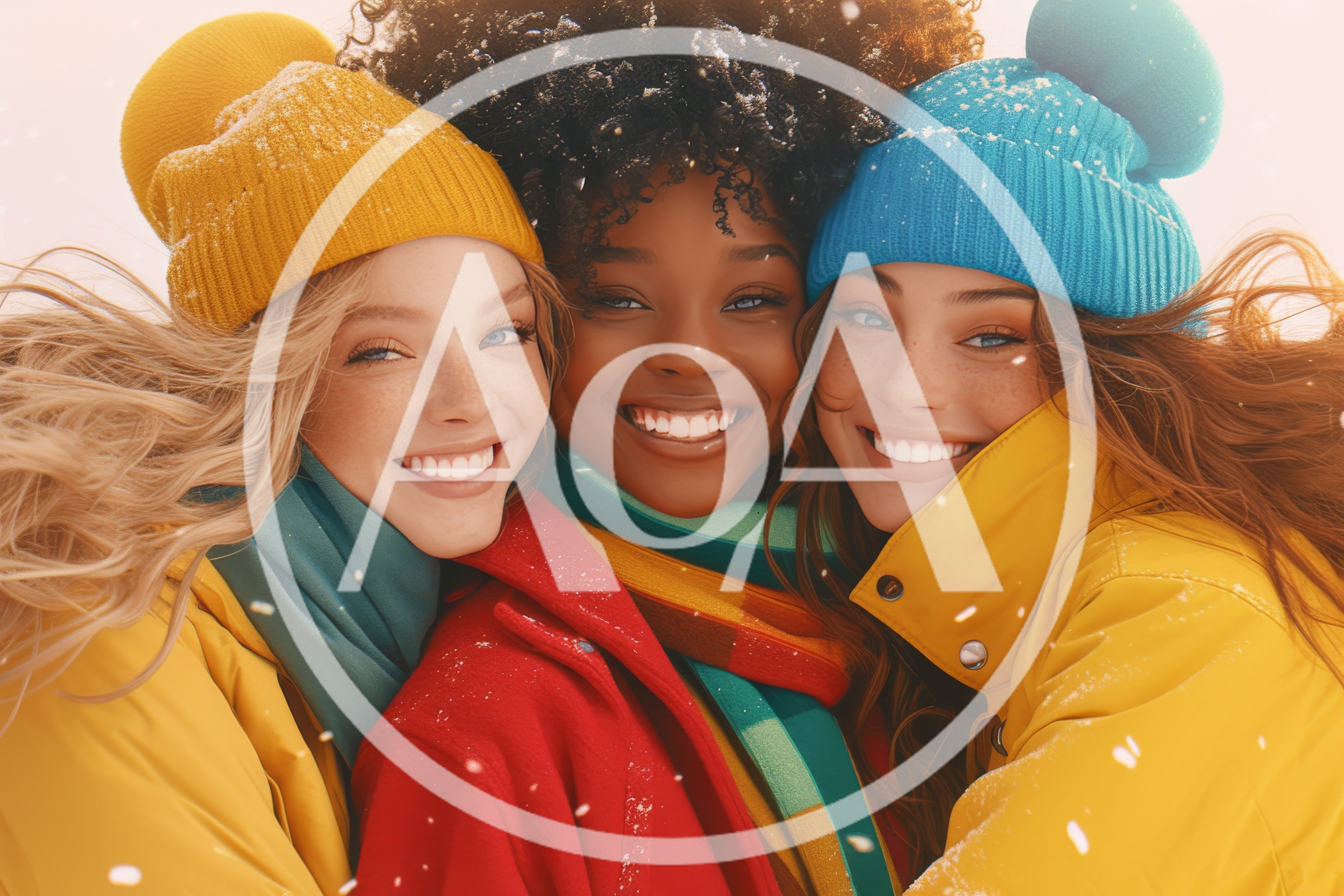 Three Diverse Women Smiling Together In Winter
