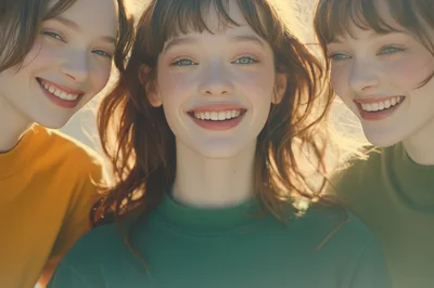 Three Young Women Smiling Together Outdoors