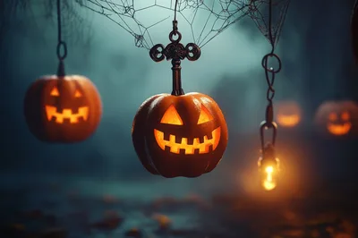 Hanging Jack O Lanterns With Ornate Key Ornament