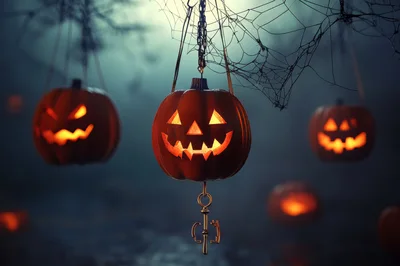 Hanging Jack O Lanterns With Glowing Faces