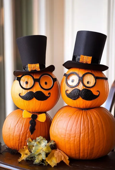 Two Dapper Pumpkin Snowmen With Top Hats And Mustaches