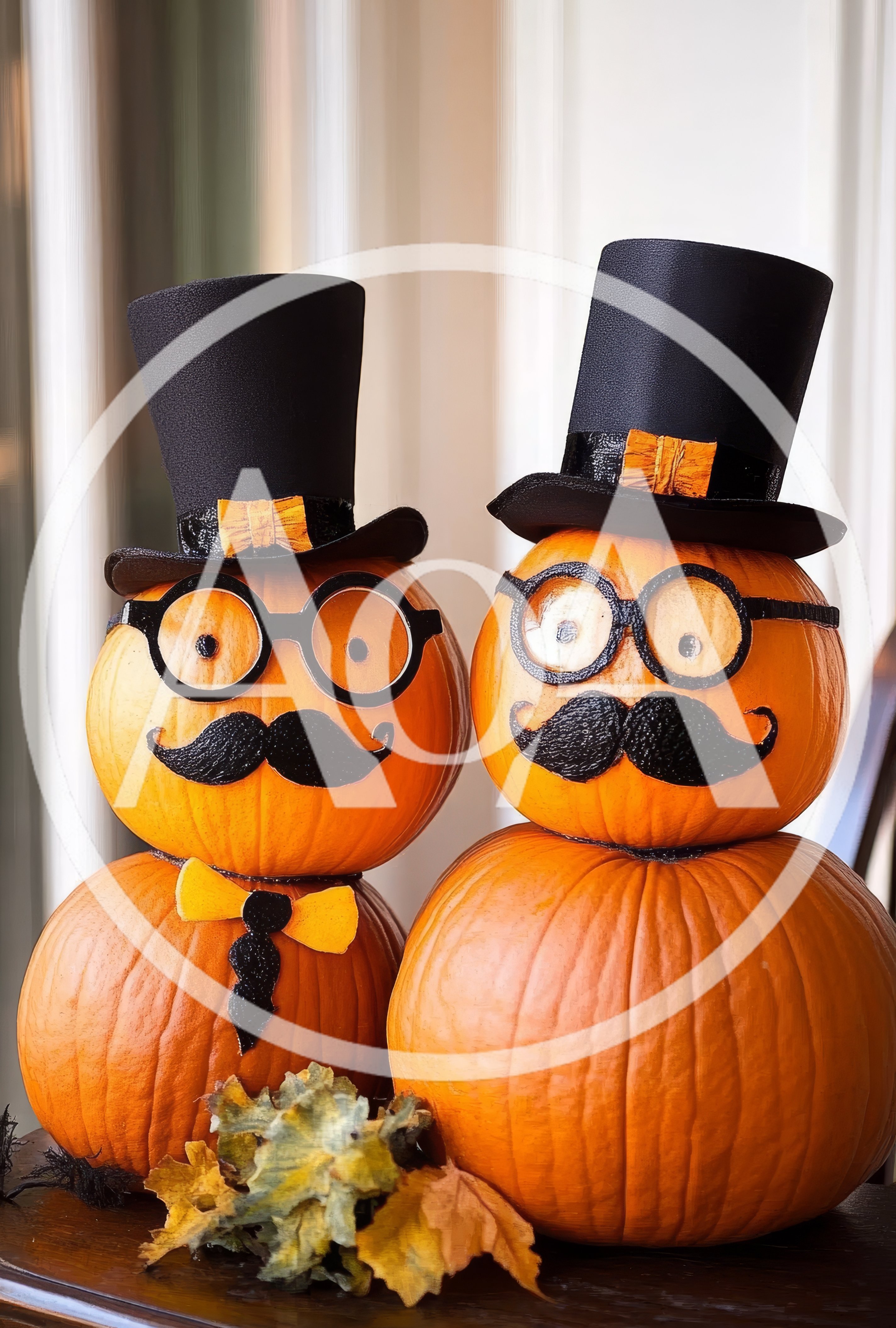 Two Dapper Pumpkin Snowmen With Top Hats And Mustaches