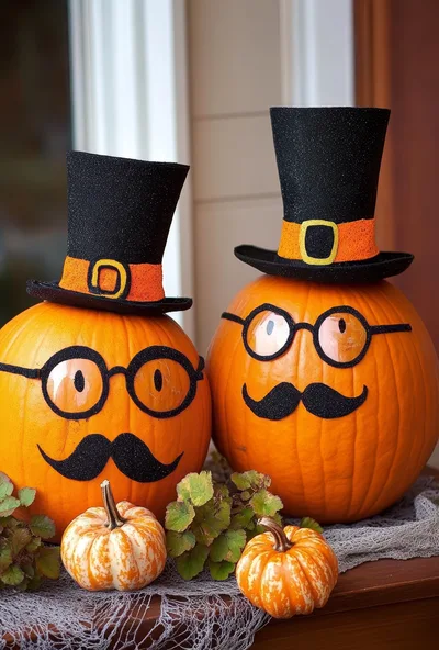 Two Decorated Pumpkins With Top Hats And Mustaches