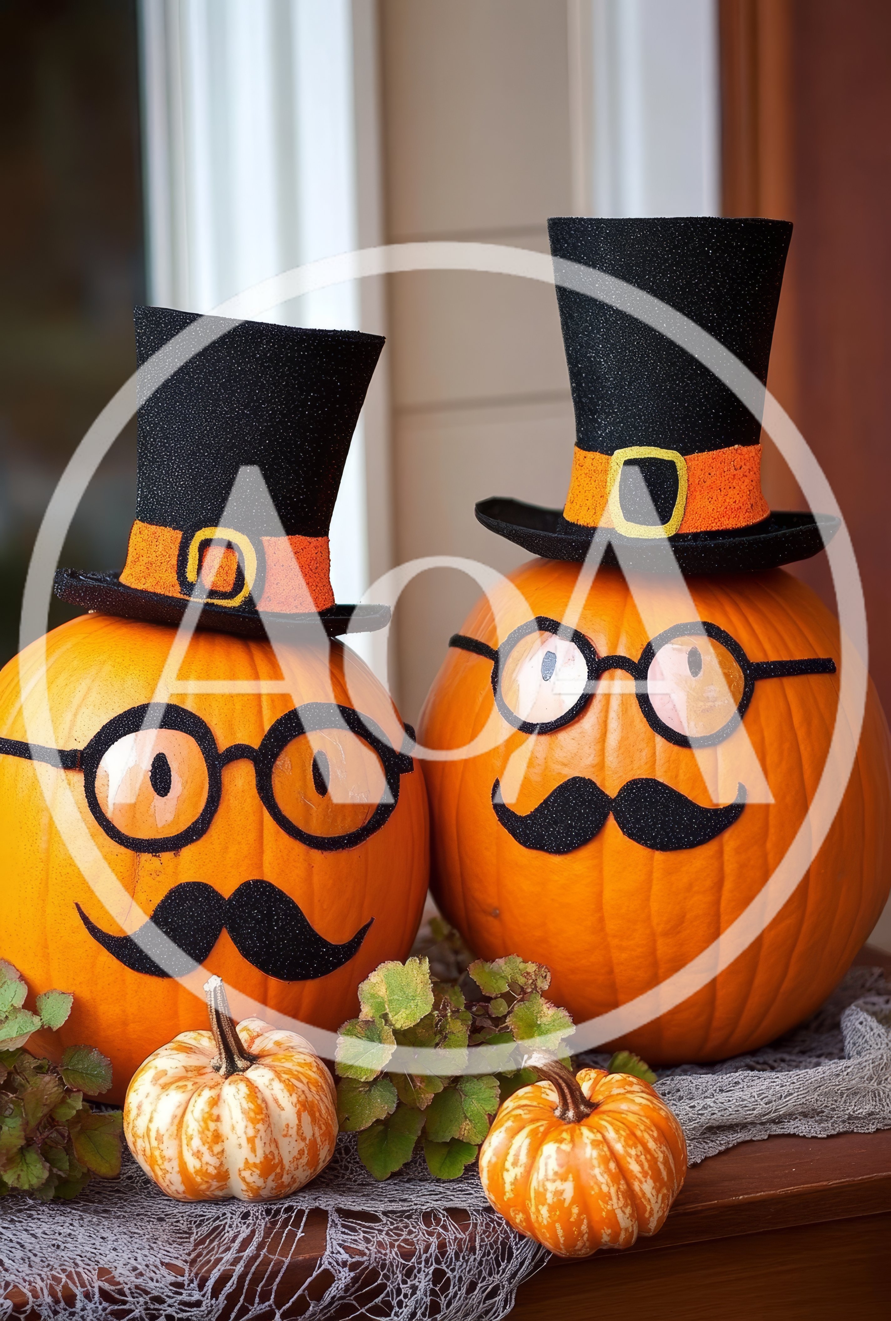 Two Decorated Pumpkins With Top Hats And Mustaches