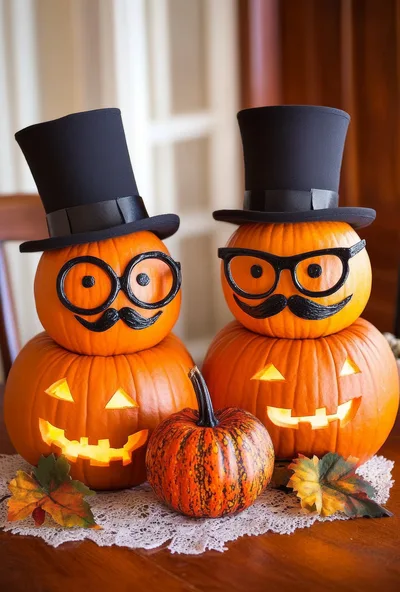 Two Stacked Jack O Lanterns With Top Hats