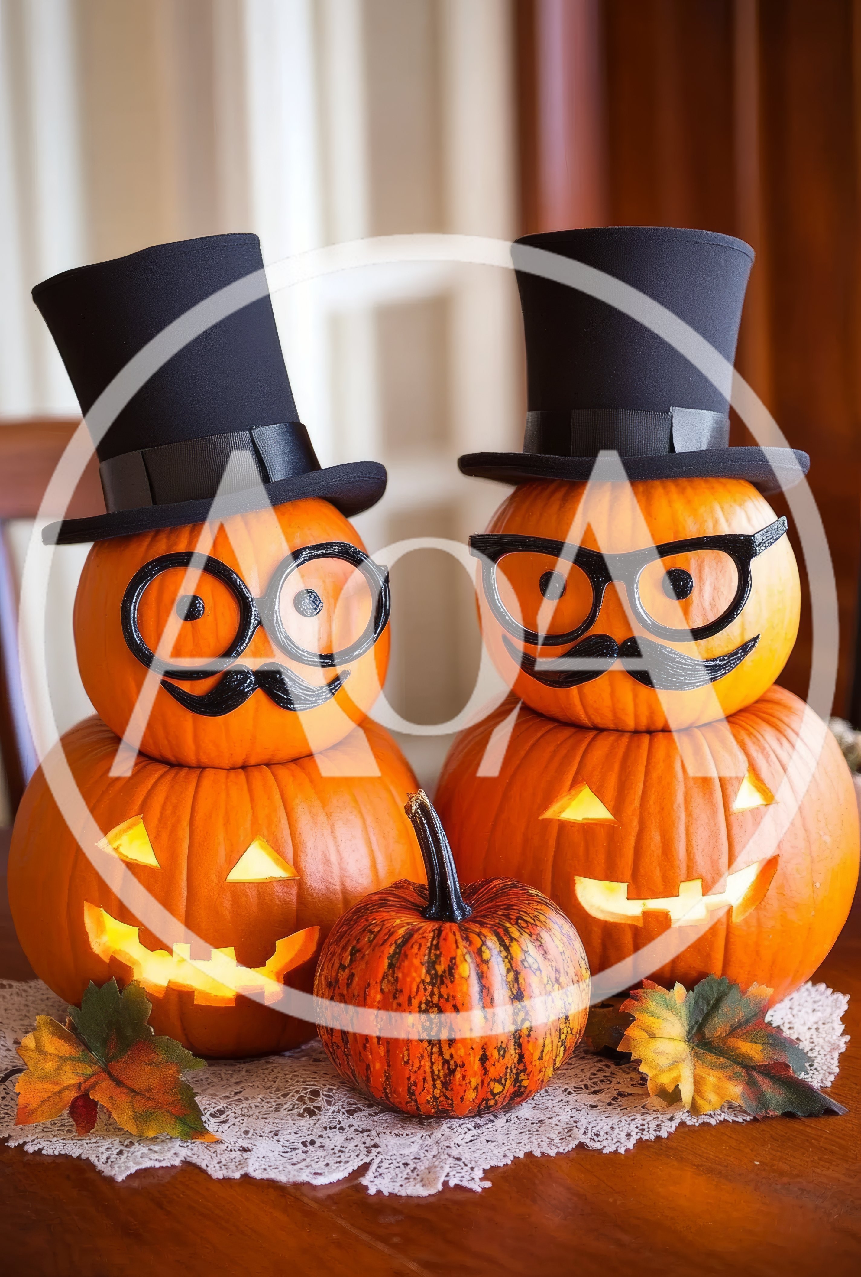 Two Stacked Jack O Lanterns With Top Hats