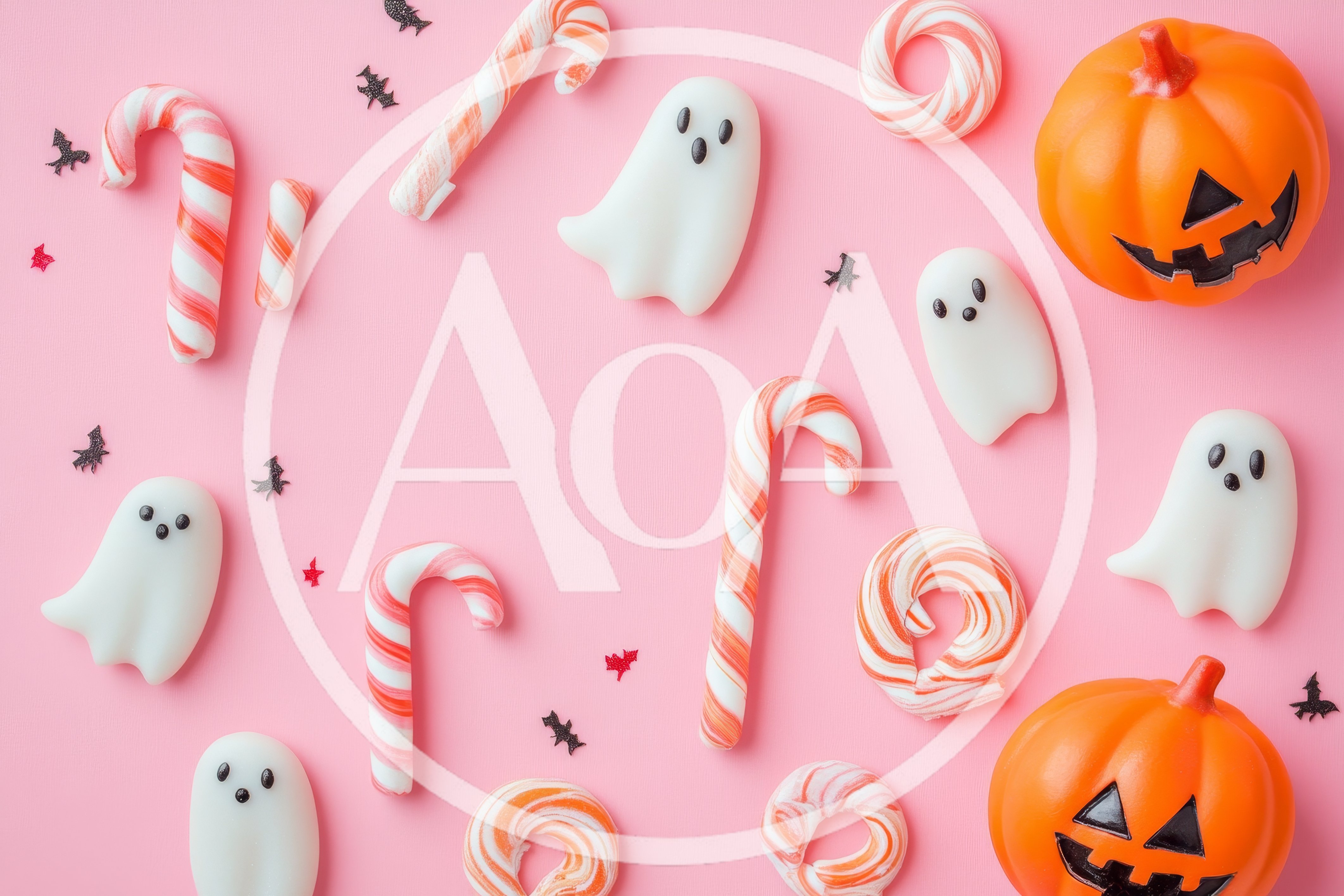 Halloween Candy Flat Lay with Ghosts and Pumpkins