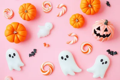 Halloween Flat Lay with Pumpkins Ghosts and Candy