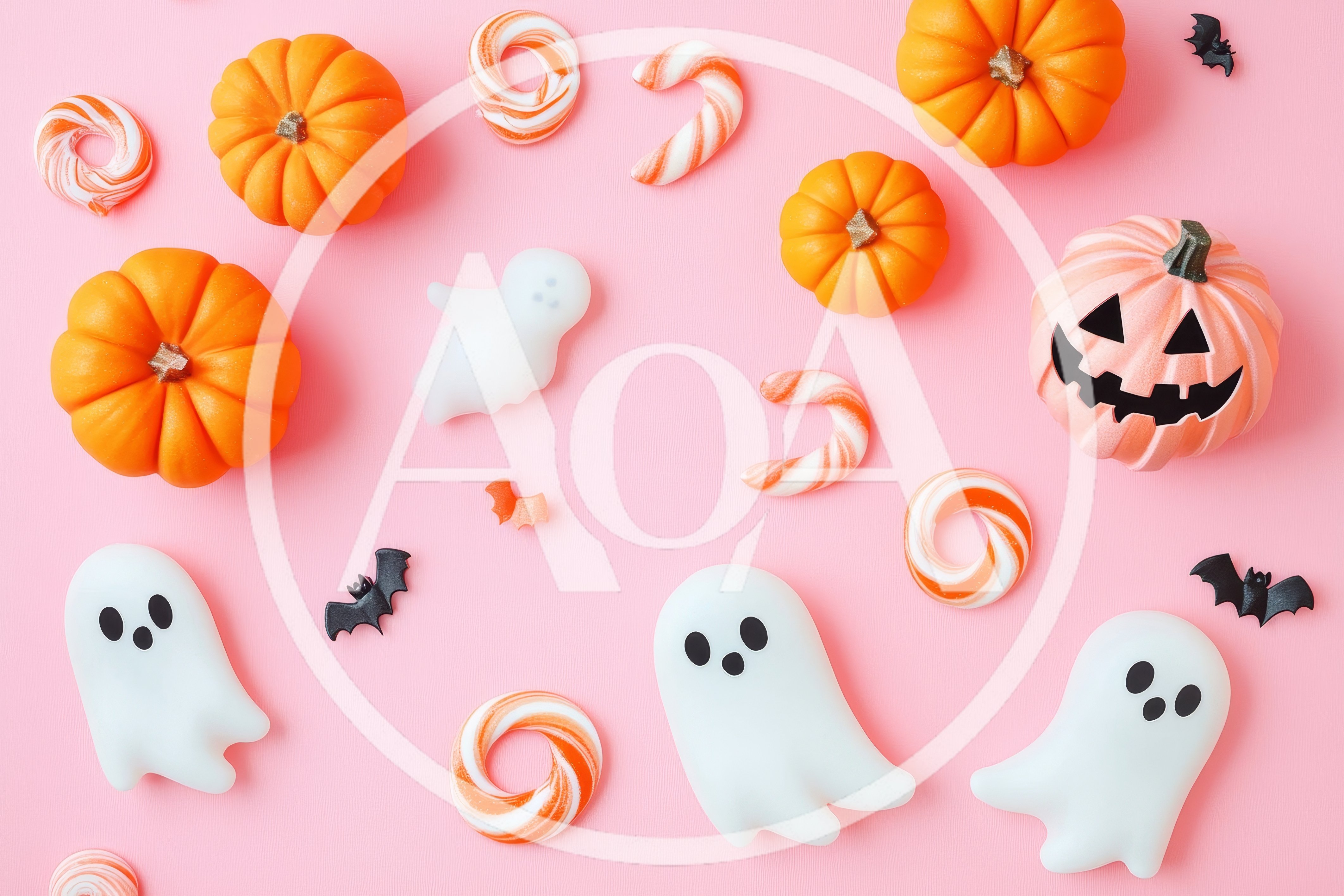 Halloween Flat Lay with Pumpkins Ghosts and Candy