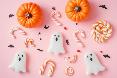 Halloween Flat Lay With Pumpkins Ghosts And Candy