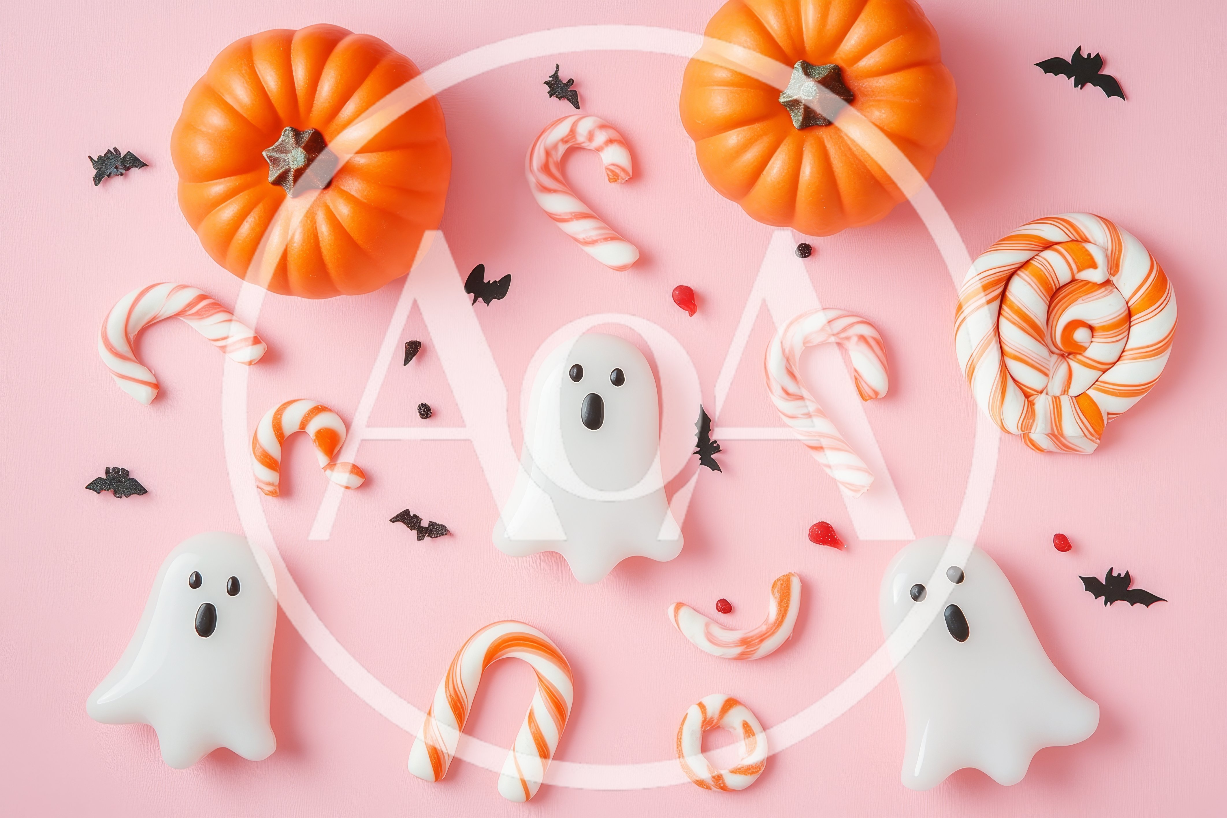 Halloween Flat Lay With Pumpkins Ghosts And Candy