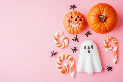 Halloween Decorations With Pumpkins Ghost And Candy Canes