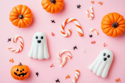 Halloween Flat Lay With Pumpkins Ghosts And Candy Canes