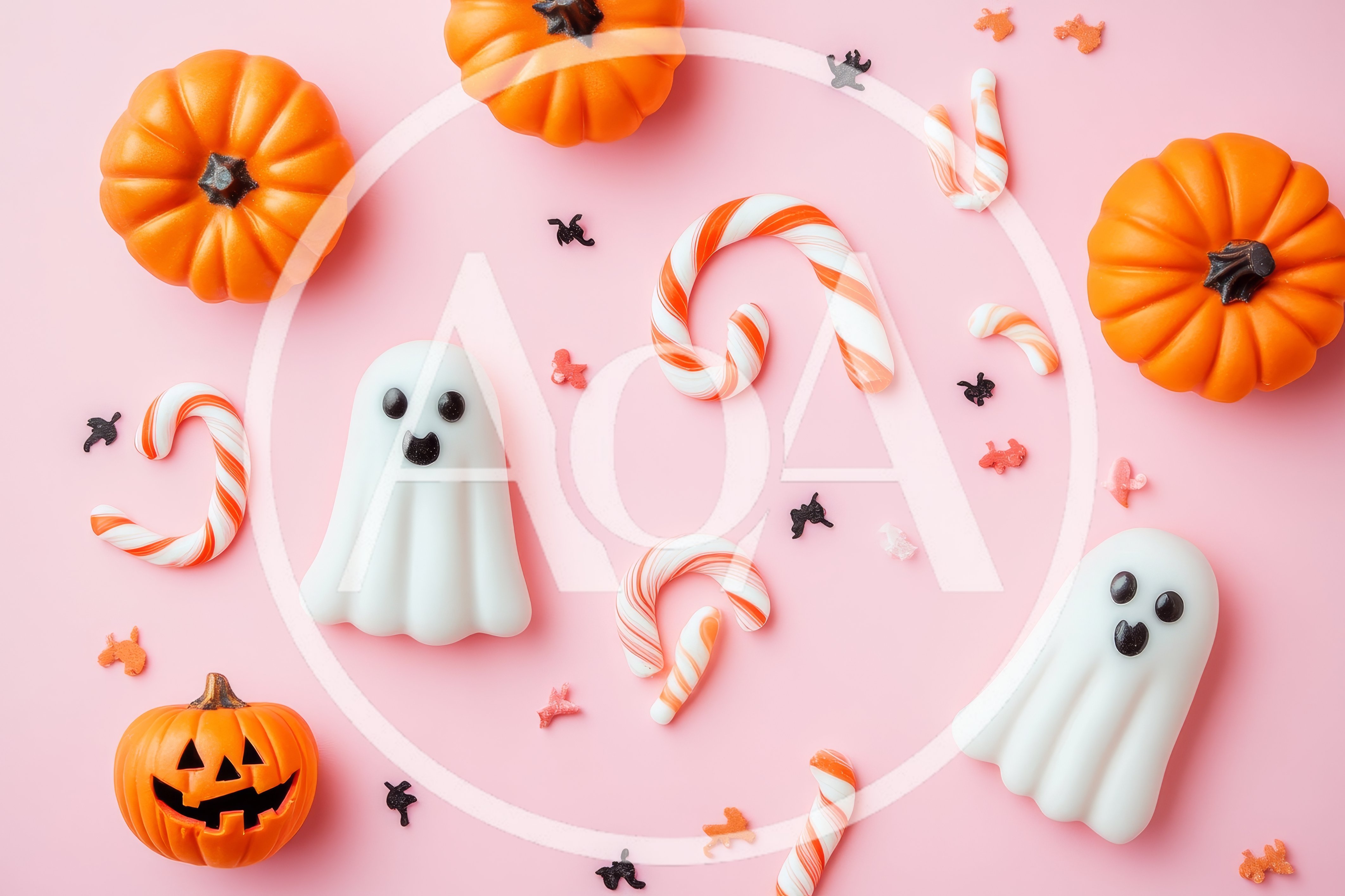 Halloween Flat Lay With Pumpkins Ghosts And Candy Canes