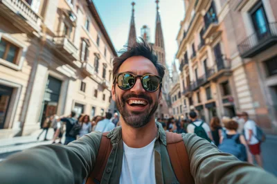Happy Man Taking Selfie In Front Of Sagrada Familia