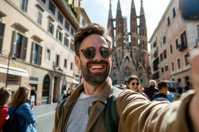 Man Taking Selfie In Front Of Sagrada Familia