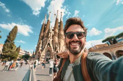 Man Taking Selfie In Front Of Sagrada Familia
