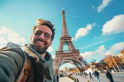 Happy Man Taking Selfie In Front Of Eiffel Tower