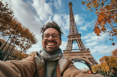 Man Taking Selfie With Eiffel Tower In Autumn