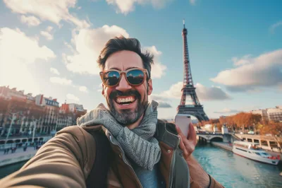 Man Taking Selfie With Eiffel Tower In Paris
