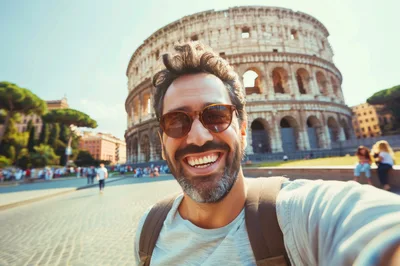 Happy Man Taking Selfie In Front Of The Colosseum