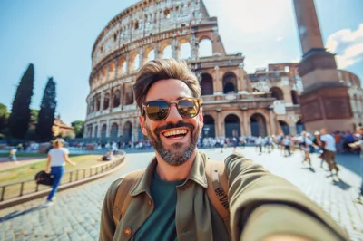 Happy Man Taking Selfie In Front Of The Colosseum