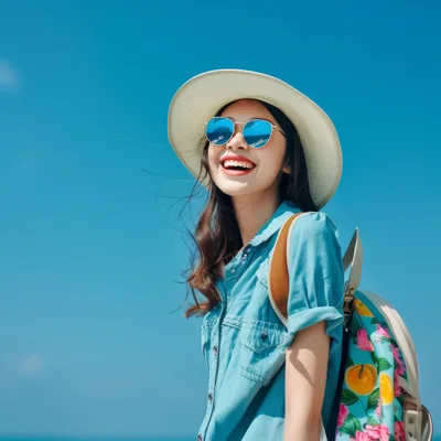 Happy Young Woman Wearing Sun Hat And Sunglasses