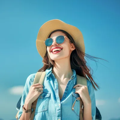 Happy Young Woman Wearing Hat And Sunglasses Outdoors