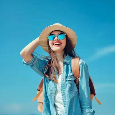 Happy Young Woman Wearing Hat And Sunglasses Outdoors
