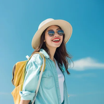 Happy Young Woman Wearing Hat And Sunglasses With Backpack