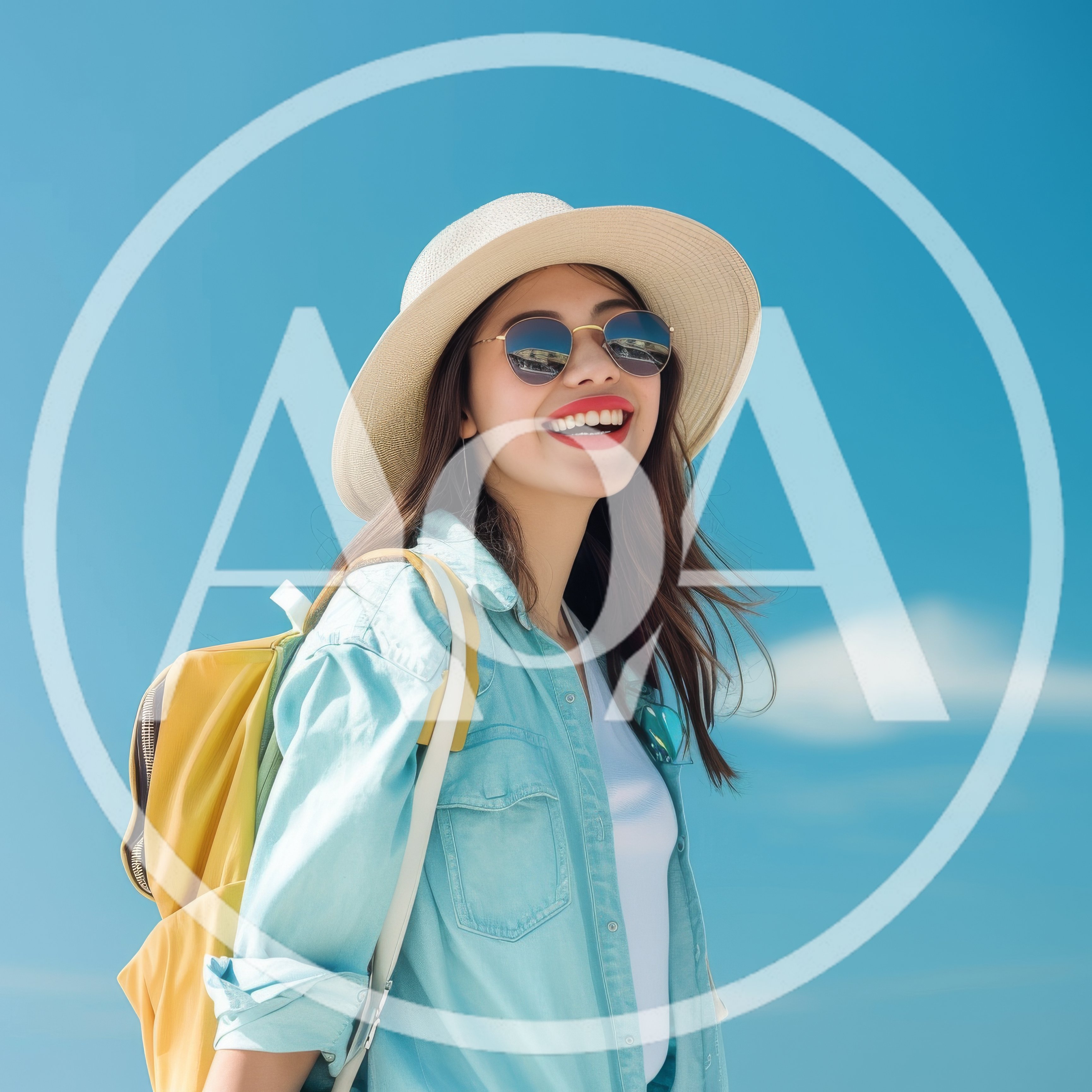 Happy Young Woman Wearing Hat And Sunglasses With Backpack
