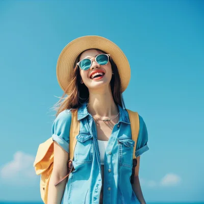 Happy Young Woman Wearing Hat And Sunglasses Outdoors