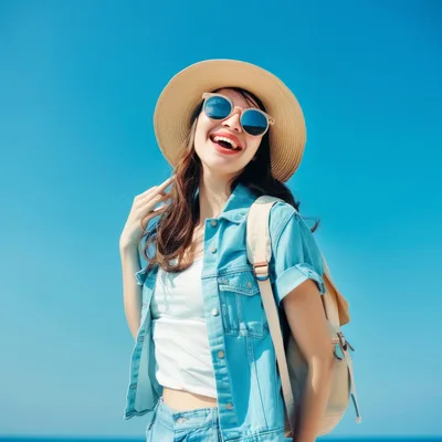 Happy Young Woman Wearing Straw Hat and Sunglasses
