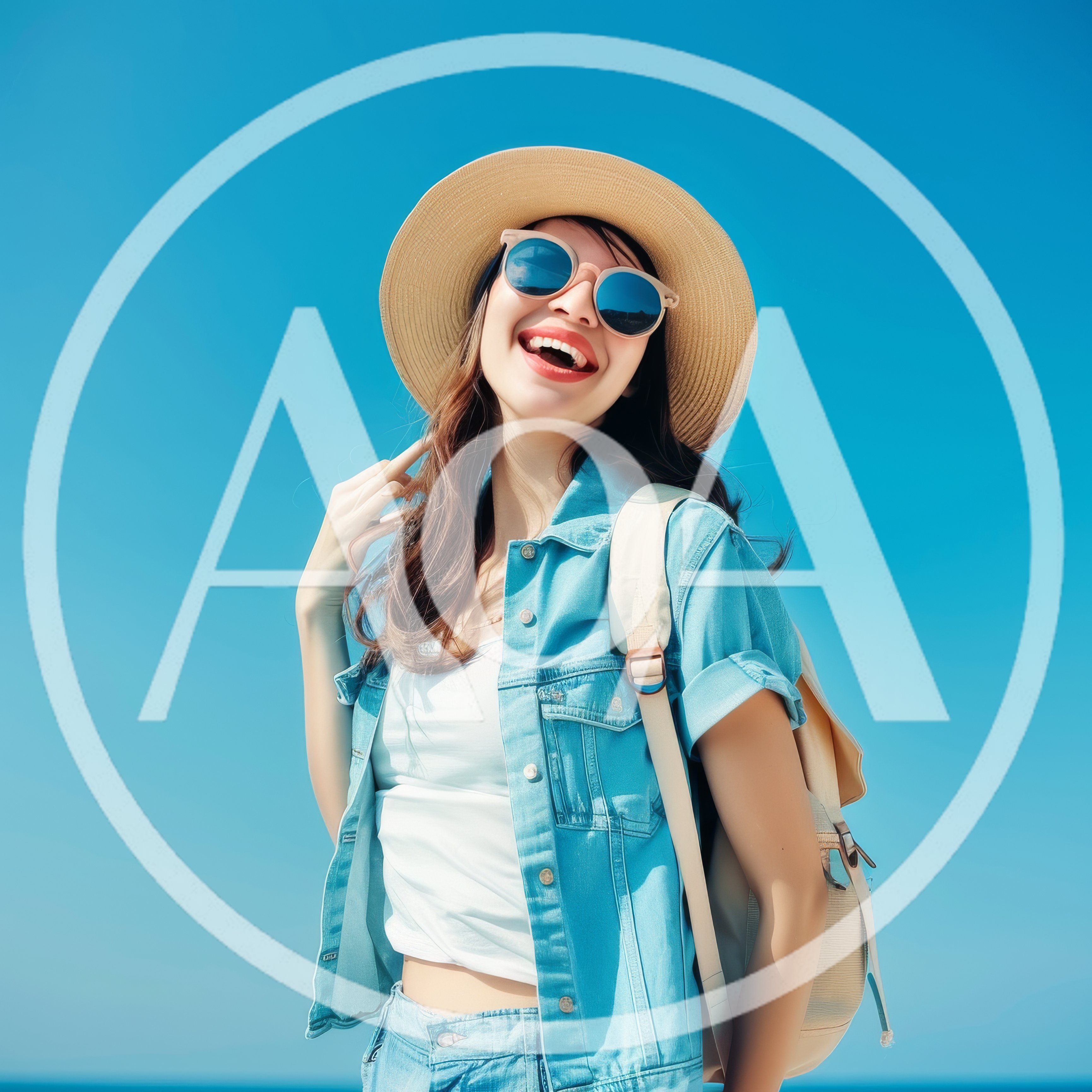 Happy Young Woman Wearing Straw Hat and Sunglasses