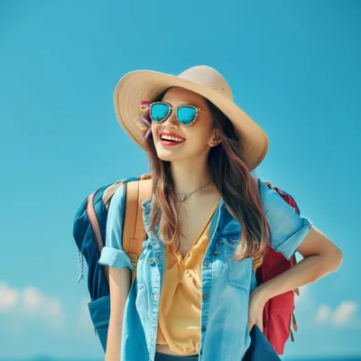 Happy Young Woman Wearing Sun Hat and Backpack