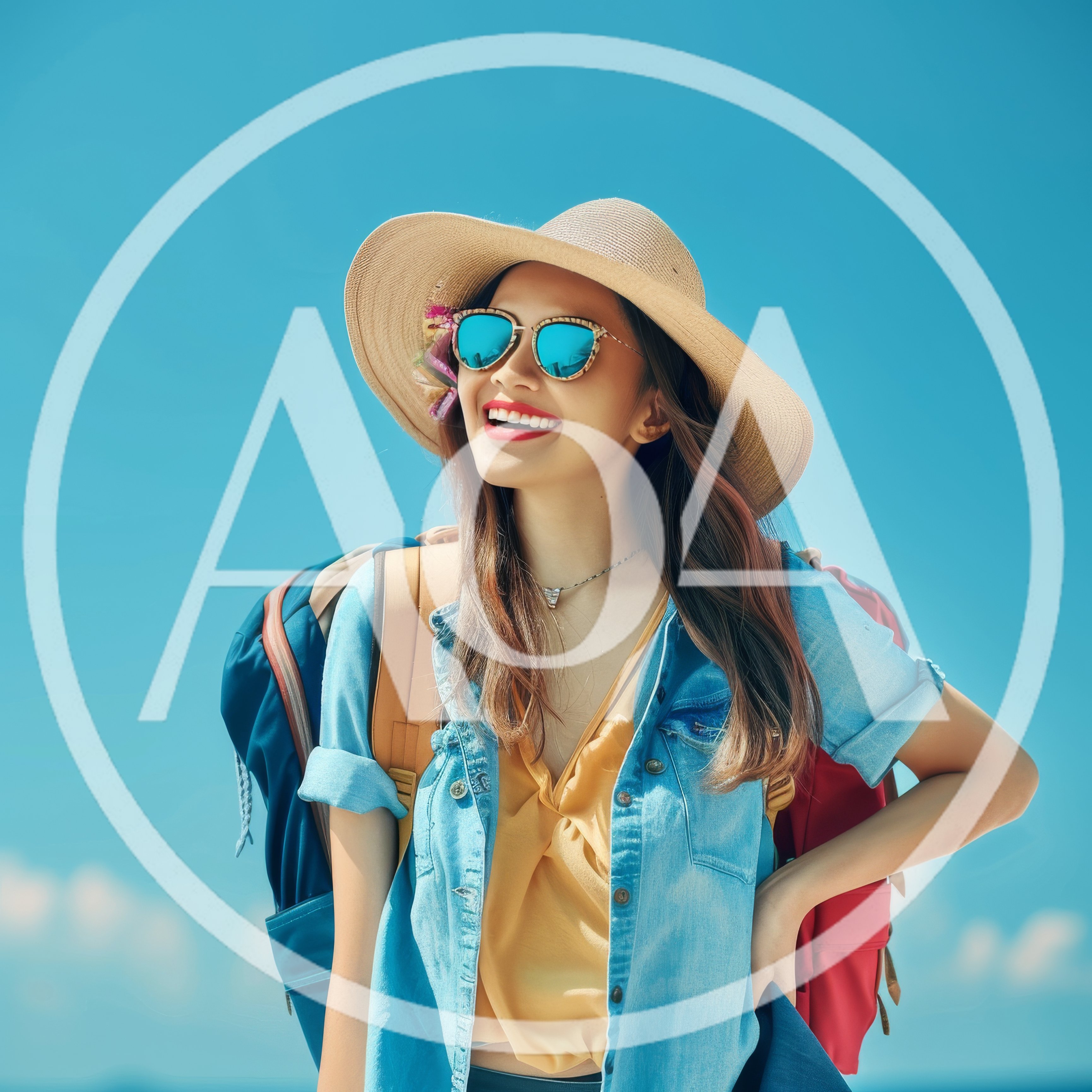Happy Young Woman Wearing Sun Hat and Backpack