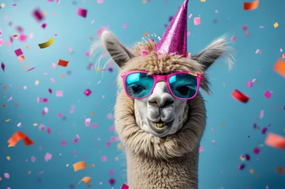 Funny Llama Wearing Party Hat And Sunglasses