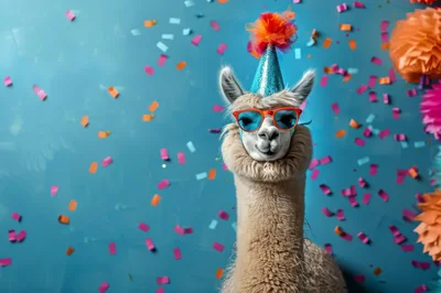 Funny Llama Wearing Party Hat and Sunglasses