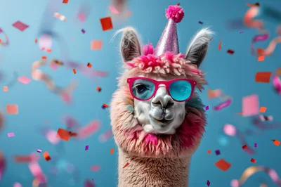 Festive Llama Wearing Party Hat and Pink Sunglasses