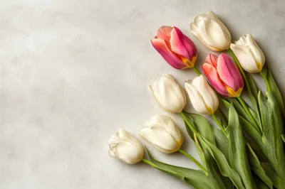 Fresh White and Pink Tulips on Grey Background